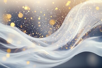 Poster - Glistening fabric waves dance under soft light, creating a magical atmosphere filled with shimmering particles. Generative AI
