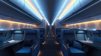 Poster - A calm and empty airplane aisle, with blue seats aligned symmetrically under soft overhead lighting, evoking a peaceful travel experience in the cabin