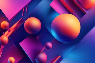 Poster - Vibrant geometric shapes and spheres dance in a surreal, brightly lit space combining hues of purple, blue, and orange. Generative AI