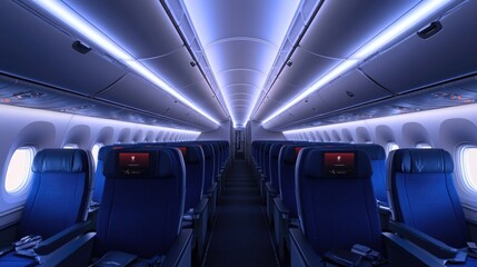 Poster - A calm and empty airplane aisle, with blue seats aligned symmetrically under soft overhead lighting, evoking a peaceful travel experience in the cabin