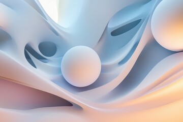 Poster - Exploration of surreal forms and spheres in a tranquil blue and peach landscape of soft curves and flowing lines. Generative AI