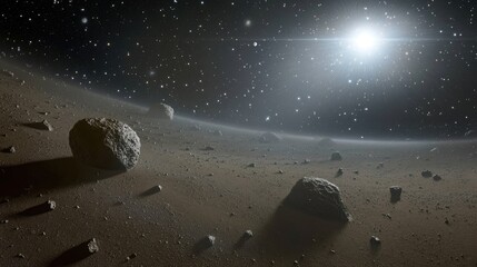 Poster - A captivating cosmic scene of an asteroid belt, bathed in starlight, set against the backdrop of the deep, endless night sky, evoking a sense of wonder and exploration.
