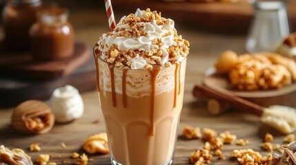 Poster - A caramel creamy shake adorned with whipped peaks and crunchy toppings, creating a dynamic, visually delightful scene that emphasizes creativity and flavor