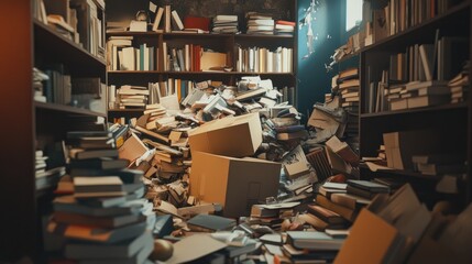 Poster - A chaotic scene of books and cardboard boxes piled high, emphasizing the mess and the overwhelming sense of disorganization and clutter