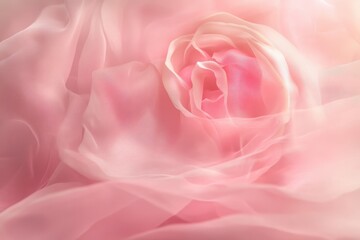 Poster - Gentle layers of pink fabric swirl around a delicate rose, capturing a moment of softness and elegance at twilight. Generative AI
