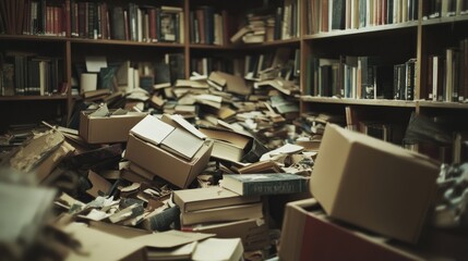 Poster - A chaotic scene of books and cardboard boxes piled high, emphasizing the mess and the overwhelming sense of disorganization and clutter