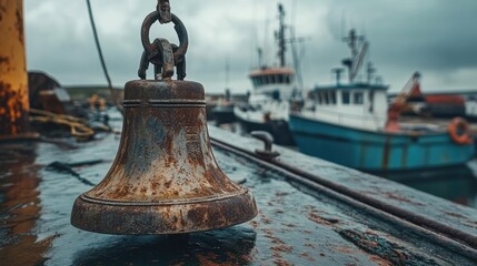 Poster - A close-up of a rusty ship bell on the deck, with boats in the background and an overcast sky, invoking a sense of maritime nostalgia and the history of the sea