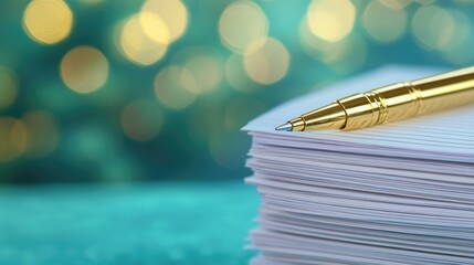 Poster - A close-up of a stack of lined papers with a golden pen elegantly placed on top, against a dreamy aqua bokeh backdrop, symbolizing professional writing and communication