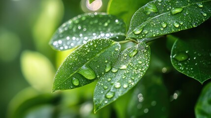 Poster - A close-up of fresh green leaves glistening with dew, bathed in soft natural light, capturing the delicate beauty of nature's morning refreshment