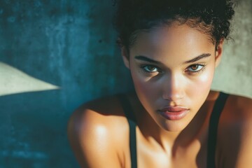 Poster - Captivating gaze of a woman illuminated by soft light in a serene backdrop of textured concrete. Generative AI