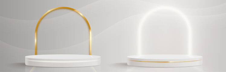 Poster - Round podium and arch set on white background. Vector realistic illustration of empty cylinder platform for product presentation, yellow and neon glowing line decoration, elegant luxury showcase