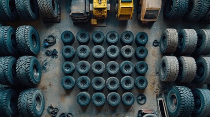 Poster - A close-up overhead view of several car and truck tires, neatly organized in a symmetrical pattern, displaying a variety of tire treads