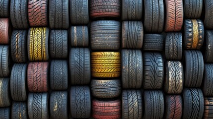 Poster - A close-up overhead view of several car and truck tires, neatly organized in a symmetrical pattern, displaying a variety of tire treads