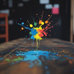 Poster - Colorful Paint Explosion on Rustic Wooden Table: A Vibrant Burst of Artistic Expression