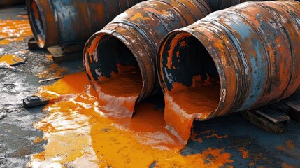 Poster - A collection of old, rusty barrels lie on the ground with vibrant orange liquid spilling out, creating an intriguing and messy industrial scene.