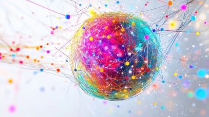 Poster - A colorful abstract sphere, connected by vibrant lines and nodes, evoking the concept of a digital or neural network on a white background