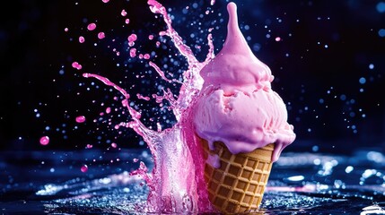 Aufkleber - A colorful splash of pink liquid erupts from a delicious ice cream cone, capturing the joy and playful spirit of summer and sweet indulgence.
