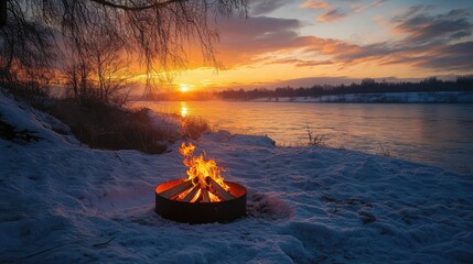 Aufkleber - A cozy fire pit by the snowy riverbank, glowing brightly as the sun rises over a winter landscape, creating a warm and inviting atmosphere in the cold air