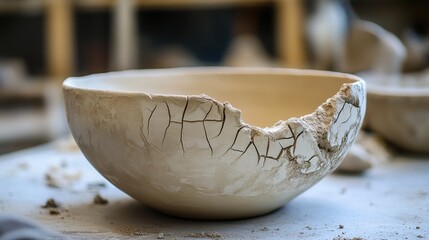 Aufkleber - A cracked clay bowl rests in a crafting studio, highlighting the delicate process of pottery and the artistry of shaping raw materials.