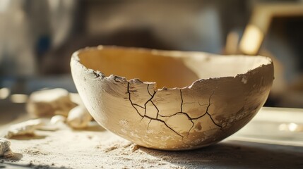 Aufkleber - A cracked clay bowl rests in a crafting studio, highlighting the delicate process of pottery and the artistry of shaping raw materials.