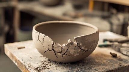 Aufkleber - A cracked clay bowl sits on a workbench, showcasing the intricate details of the pottery crafting process in a creative, studio environment.