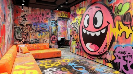Poster - A creative office space is brought to life with vibrant, graffiti-inspired wallpaper, offering a unique and stimulating backdrop for collaboration and innovation