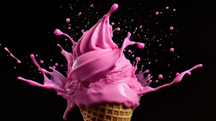 Poster - A creative splash of pink liquid bursts from an ice cream cone, representing motion, flavor, and an imaginative twist on a classic treat.