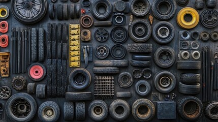 Poster - A detailed overhead shot of a range of car and truck tires laid out neatly, with various treads and sizes visible in the organized arrangement