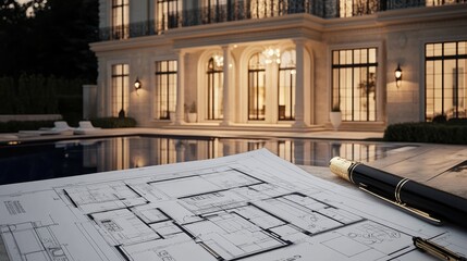 Poster - A detailed view of the design stages for a luxury villa, showcasing blueprints, floor plans, and architectural sketches on a designer desk, with focus on elegant living spaces