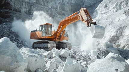 Poster - A dynamic shot of an orange construction vehicle in motion, breaking large white rocks in a quarry, emphasizing the strength and rugged nature of heavy machinery
