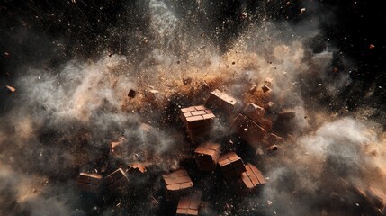 Poster - A forceful explosion of bricks, sending dust and debris into the air, captured with great artistic impact and dramatic motion