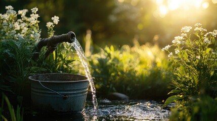 Poster - A garden faucet pours water into a weathered bucket, surrounded by rich greenery and soft sunlight, capturing the natural charm and simple beauty of rural life