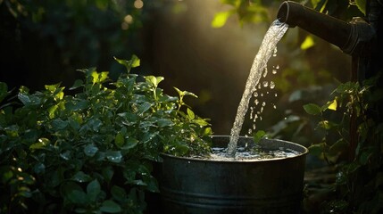 Poster - A garden faucet streams water into an aged bucket surrounded by lush greenery, illuminated by warm sunlight, evoking simplicity, natural charm, and rustic beauty