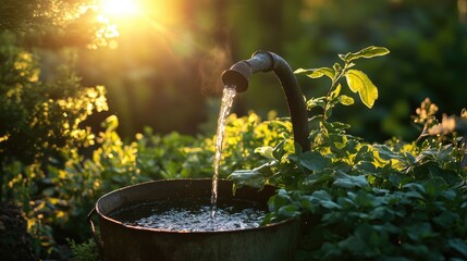 Poster - A garden faucet streams water into an old, aged bucket amidst lush greenery, illuminated by warm sunlight, symbolizing simplicity, rustic charm, and natural tranquility