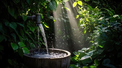 Poster - A garden faucet streams water into an old, aged bucket amidst lush greenery, illuminated by warm sunlight, symbolizing simplicity, rustic charm, and natural tranquility