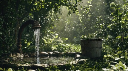 Poster - A gentle stream of water flows from a garden faucet into an aged bucket, surrounded by lush greenery, offering a peaceful, rustic scene full of natural beauty and charm
