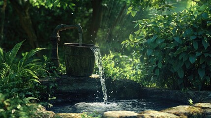 Poster - A gentle stream of water flows from a garden faucet into an aged bucket, surrounded by lush greenery, offering a peaceful, rustic scene full of natural beauty and charm