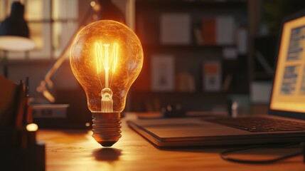 Poster - A glowing vintage-style light bulb illuminates a modern office environment, adding a warm, nostalgic touch to a busy, productive workday