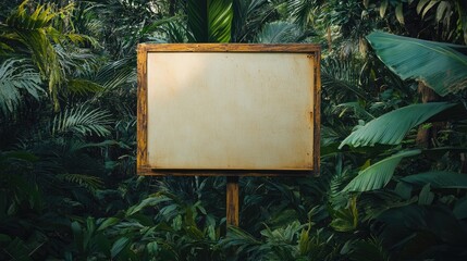 Poster - A large, blank wooden signboard stands surrounded by dense jungle foliage, creating a perfect canvas for nature-themed advertisements in an urban-adjacent forest environment.