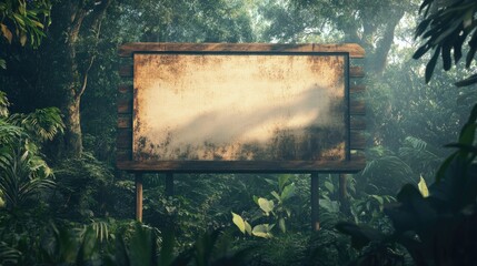 Poster - A large, blank wooden signboard stands surrounded by dense jungle foliage, creating a perfect canvas for nature-themed advertisements in an urban-adjacent forest environment.
