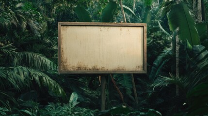 Poster - A large, blank wooden signboard stands surrounded by dense jungle foliage, creating a perfect canvas for nature-themed advertisements in an urban-adjacent forest environment.