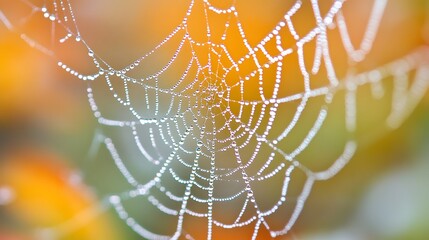 A delicate woven spiderweb pattern, glistening with morning dew