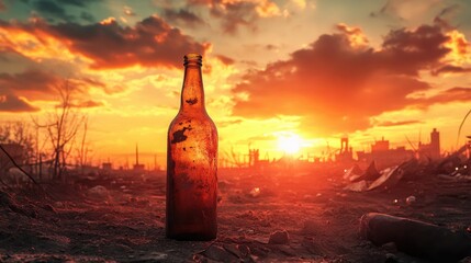Poster - A lonely brown bottle stands upright on dirt in a post-apocalyptic landscape, surrounded by debris, bathed in the vivid hues of a dramatic sunset.