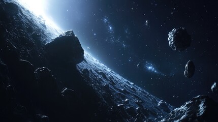 Poster - A mesmerizing view of an asteroid belt illuminated by distant stars in the vastness of space, offering a serene and cosmic perspective on the wonders of the universe.