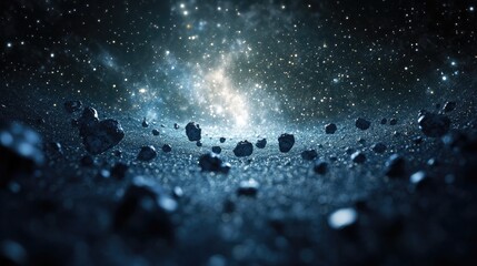 Poster - A mesmerizing view of an asteroid belt illuminated by distant stars in the vastness of space, offering a serene and cosmic perspective on the wonders of the universe.