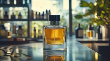 Aufkleber - A modern perfume bottle displayed on a sleek lab counter, highlighting the craftsmanship and precision of contemporary fragrance creation techniques