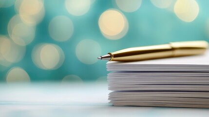 Poster - A neat stack of lined papers with a sleek gold pen resting on top, contrasted against a soft aqua bokeh background, representing ideas, writing, and the art of communication