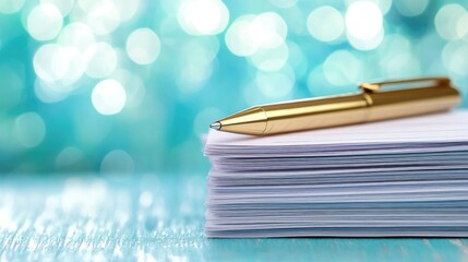 Poster - A neat stack of lined papers with a sleek gold pen resting on top, contrasted against a soft aqua bokeh background, representing ideas, writing, and the art of communication