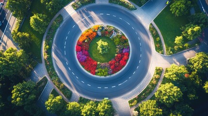 Aufkleber - A peaceful aerial view of a roundabout on a sunny summer day, with colorful flowers and clear blue skies creating a picturesque scene