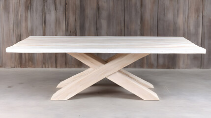 Poster - A minimalist wooden table with a distinctive crossbase design, set against a rustic wooden background